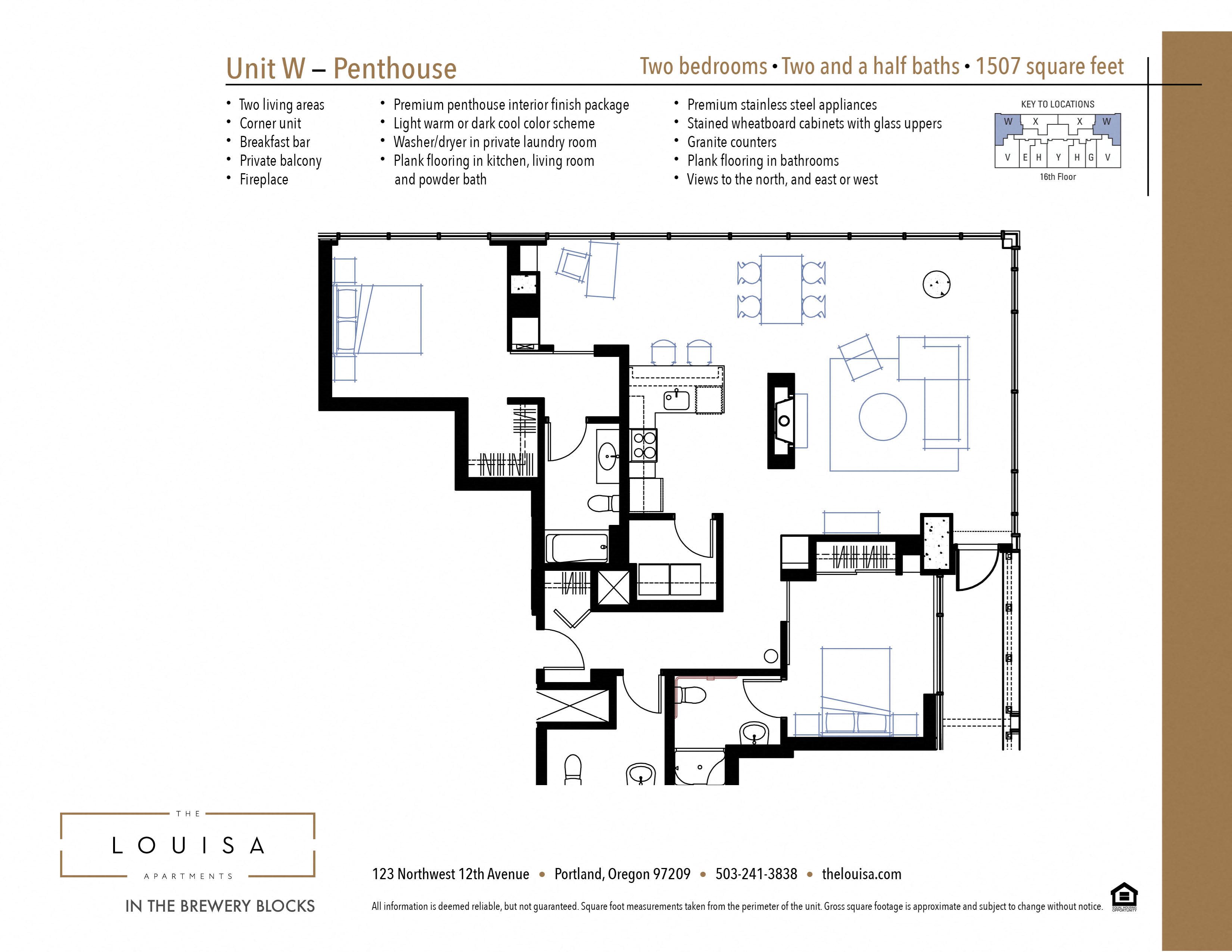 2 Bed 2.5 Bath (WPenthouse) Floor Plan 2 Bed 2.5 Bath (WPenthouse) Floor Plan at The Louisa Apartments in Portland, Oregon